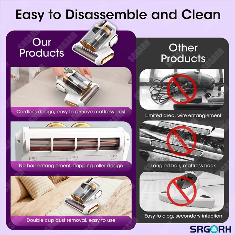 Cordless Mattress Vacuum Cleaner with UV Light and Double Cup