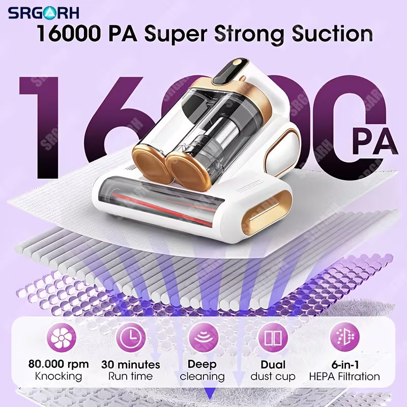 Cordless Mattress Vacuum Cleaner with UV Light and Double Cup