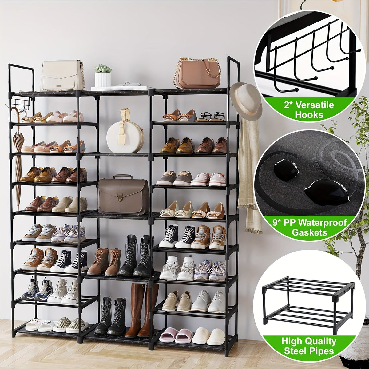 Multi Layers - Shoe Rack Organizer Column Storage Shelf Entryway w/ Hooks
