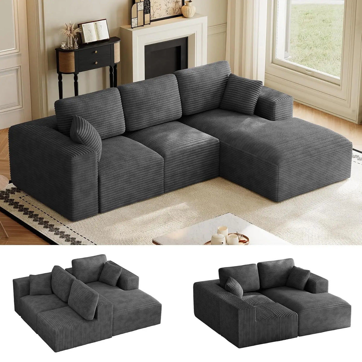 109" L-Shaped Cloud Boneless Couch Sofa with Chaise, Black, Custom