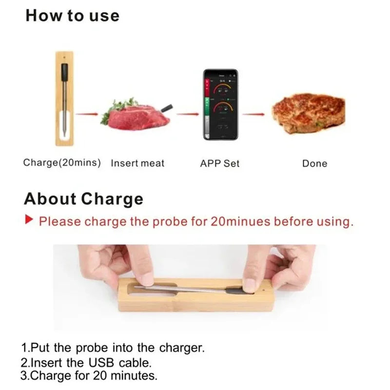 Wireless Meat Food Thermometer for Oven Grill BBQ Smoker Digital Bluetooth Thermometer