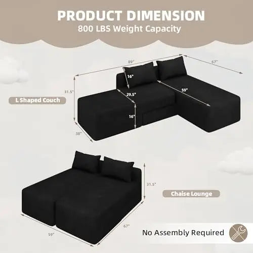 Boneless Sectional Couch, 4 in 1 Convertible Cloud Couch with Reversible Chaise & Deep Seat, Modular Sectional Sofa for
