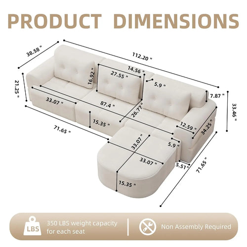 110" Boneless Chenille Cloud Sofa with Chaise, 4 Seater L-Shaped