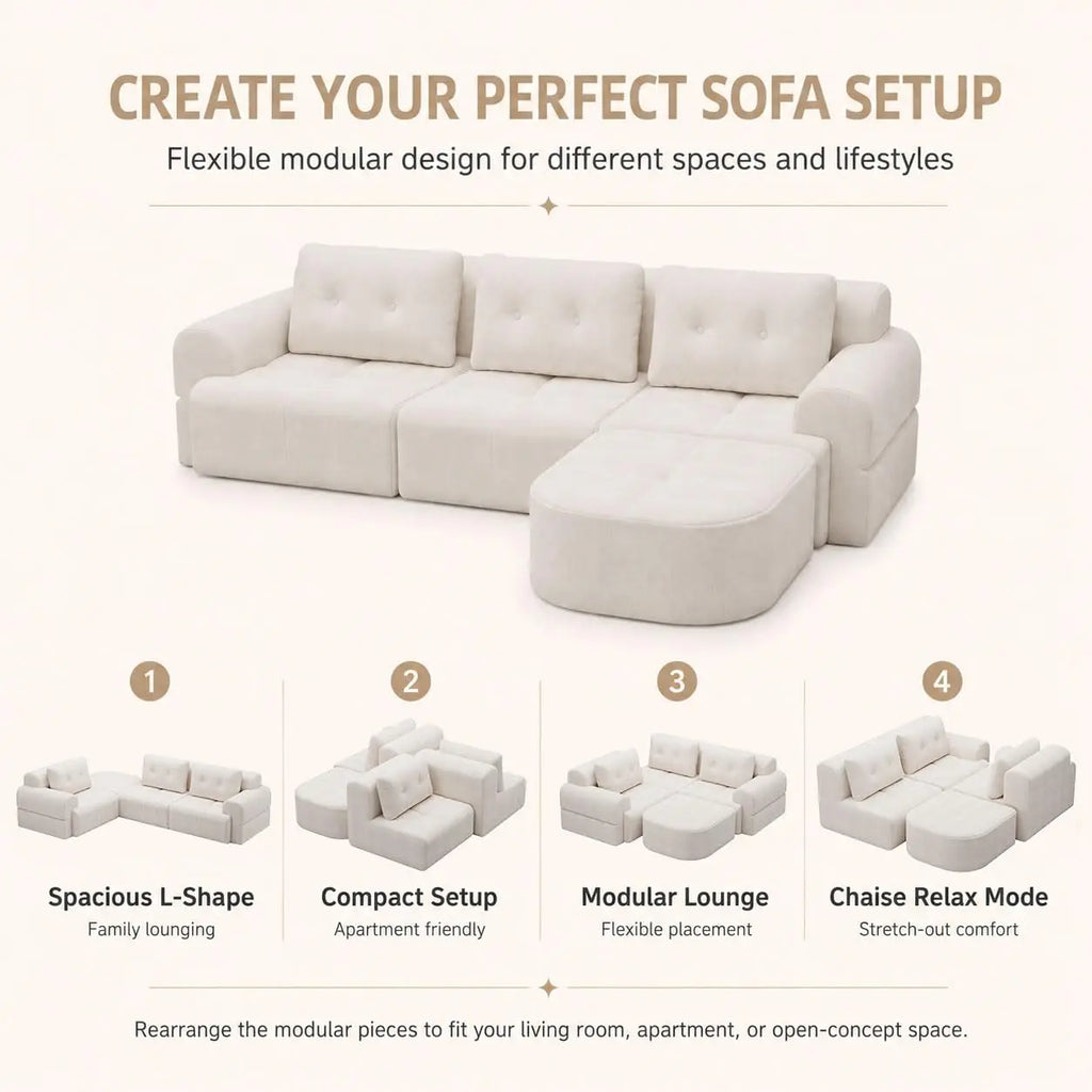 110" Boneless Chenille Cloud Sofa with Chaise, 4 Seater L-Shaped