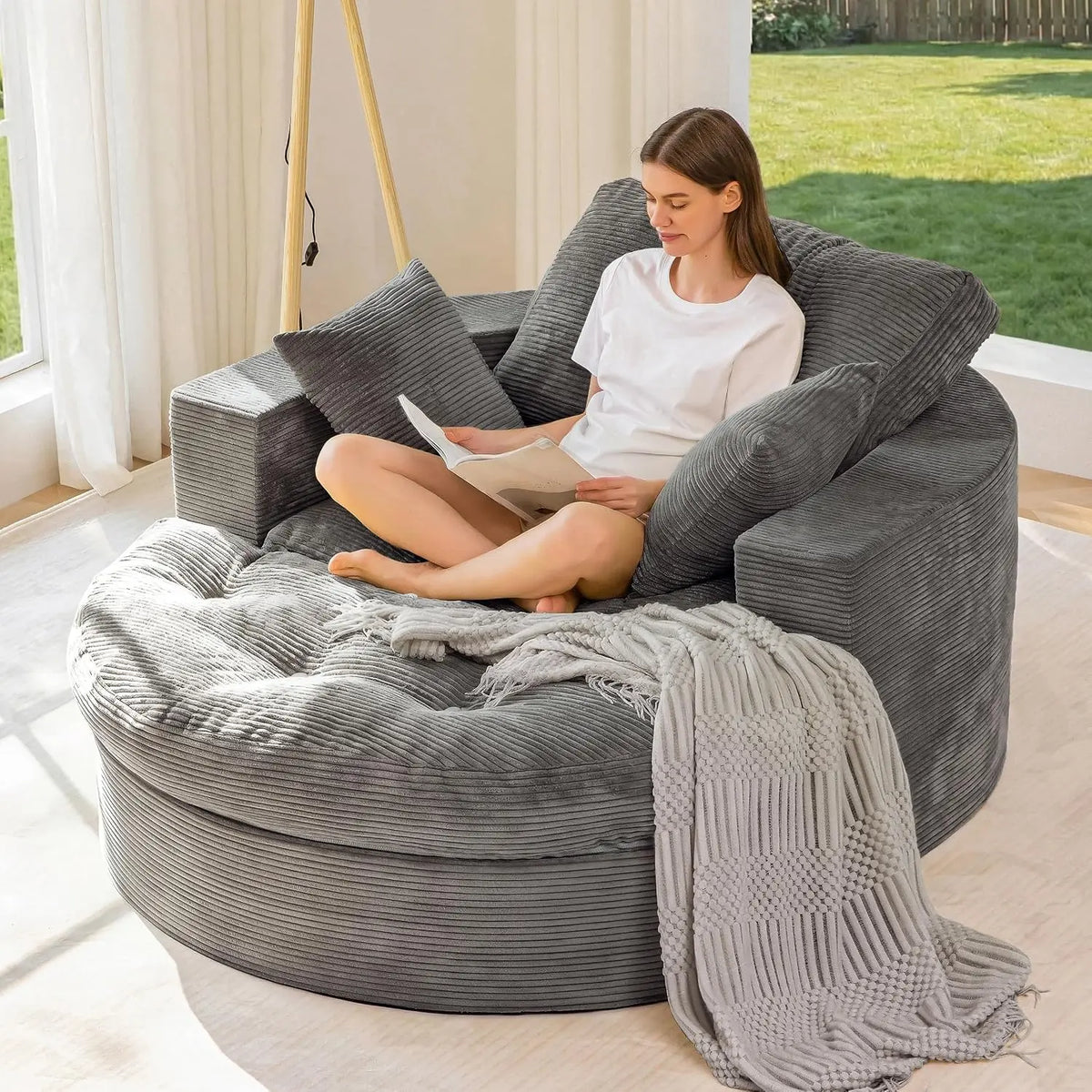 Oversized Round Chaise Lounge Sofa, Boneless Chair with Ottoman | Beige Upholstered Reading Chair Has a Deep Seat and 3, Custom