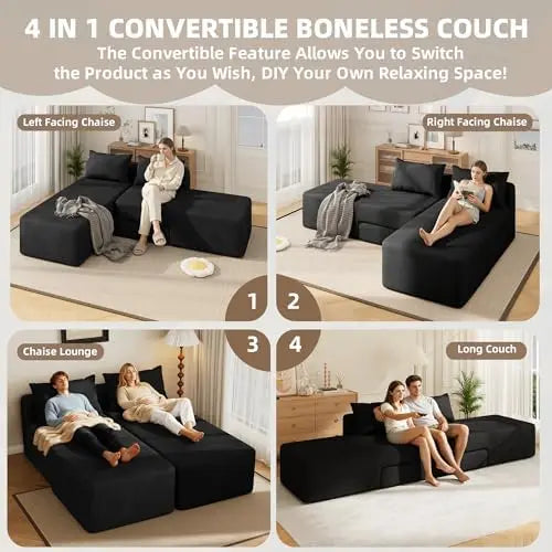 Boneless Sectional Couch, 4 in 1 Convertible Cloud Couch with Reversible Chaise & Deep Seat, Modular Sectional Sofa for